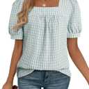 EVALESS Tops for Women Short Sleeve Tunic Blouse Square Neck Gingham Tops Cotton Blend Plaid Shirt Cute Checkered Shirt. L Size