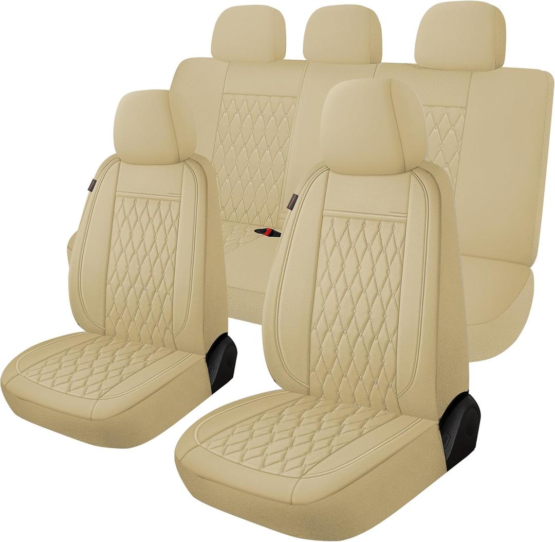CAROMOP Faux Leather Car Seat Covers Full Set,Luxury and Comfortable Covers for Cars,Split Bench Compatible Car Interior Covers,Universal Fit for Suvs,Vans,Trucks,Airbag Compatible (5-Seat Beige)