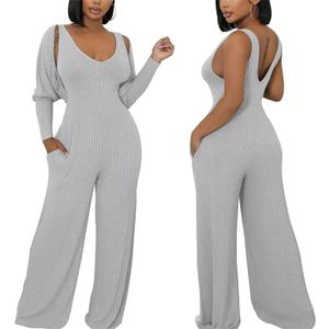 Women's Casual 2 Piece Outfits Ribbed Knitted Batwing Long Sleeve Cardigan Tank Wide Leg Jumpsuits Sets With Pocket, XL