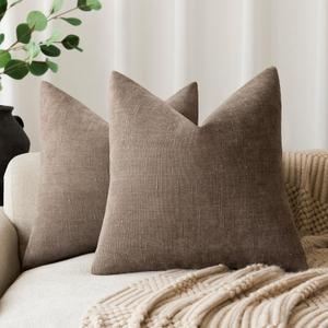 Foindtower Pack of 2 Soft Textured Chenille Throw Decorative Pillow Covers Square Accent Solid Cushion Cover Cozy Farmhouse Pillow Case with Zipper for Couch Sofa Bedroom Living Room 22x22 Inch, Taupe