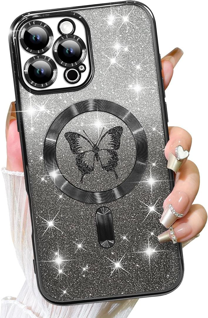 Fiyart Designed for iPhone 12 Pro Case,Compatible with MagSafe Butterflies Plating Camera Protection Phone Cover, Magnetic Glitter for Women Girls Shockproof Bumper 6.1"-Black