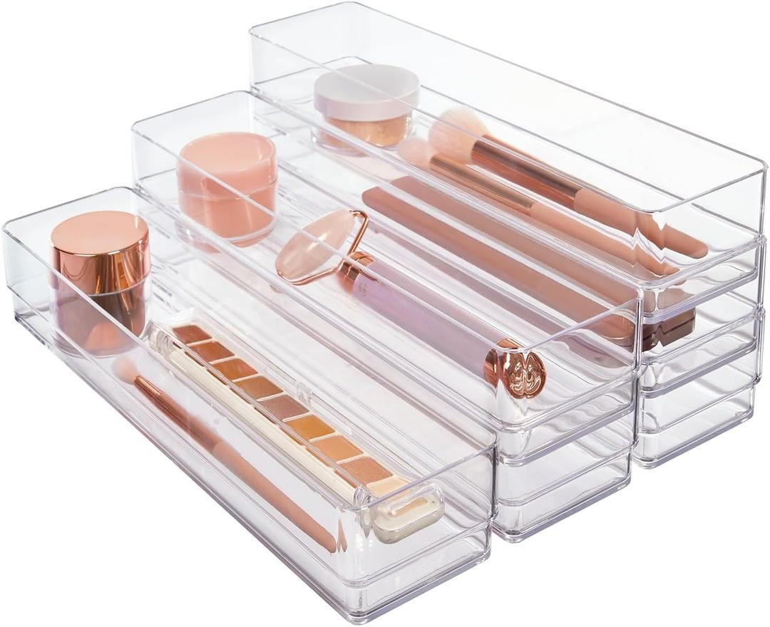 STORi SimpleSort 6-Piece Stackable Clear Drawer Organizer Set | 12" x 3" x 2" Rectangle Trays | Narrow Makeup Vanity Storage Bins and Office Desk Drawer Dividers | Made in USA