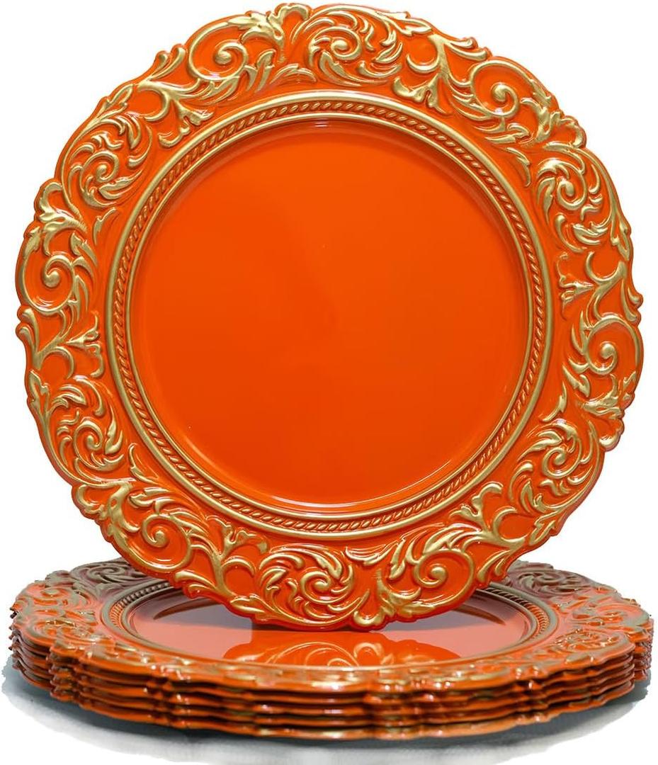 Orange Charger Plates with Gold Embossed Rim, 13 Inch Plastic Charger for Dinner, Party, Wedding, Table Setting. (Set of 6)