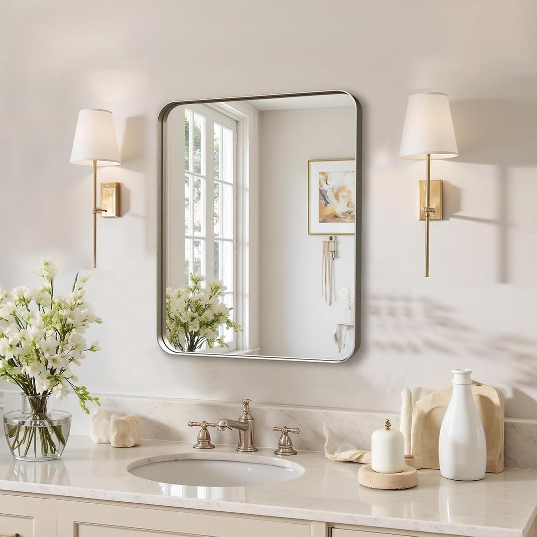 Kosmonia 20"x16" Bathroom Mirror, Brushed Nickel Rounded Rectangle Vanity Mirror, Anti-Rust Aluminum Framed, Wall Mounted Mirror for Over Sink, Hangs Horizontally or Vertically