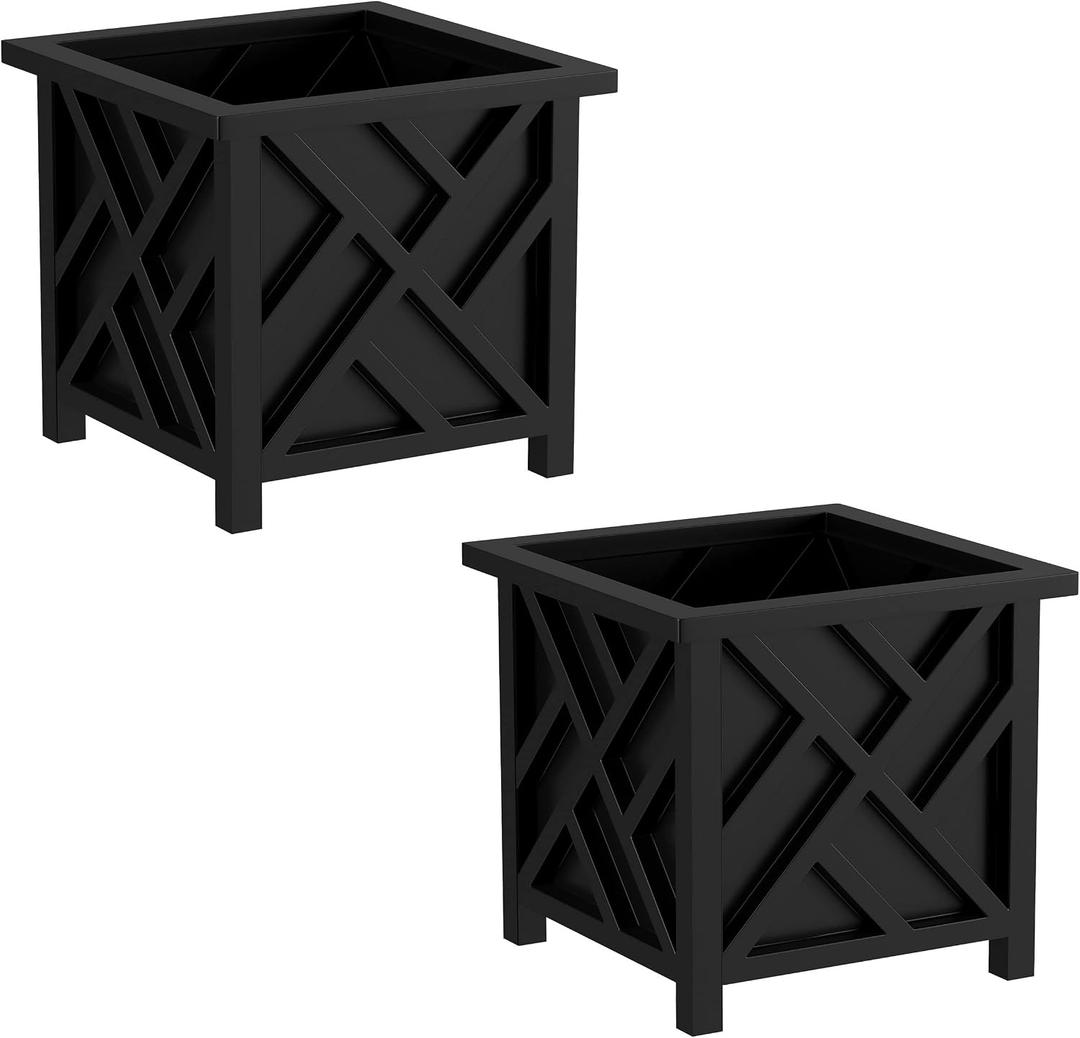 Lattice Design Planter Box 2-Pack 14.75-Inch Decorative Outdoor Flower or Plant Pots Front Porch, Patio, and Garden Decor by Pure Garden (Black)