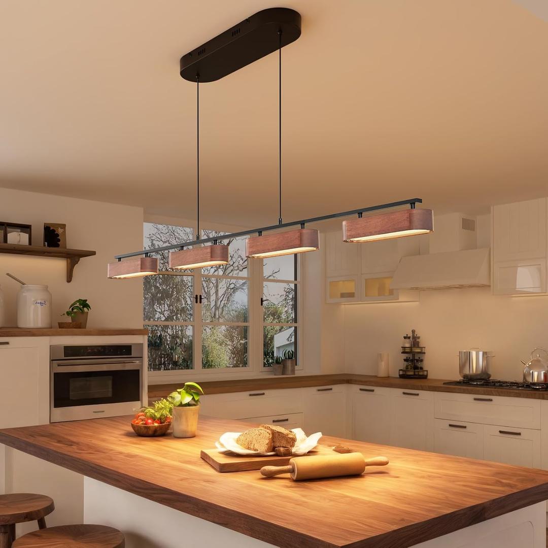 50.2" Kitchen Island Lights, 38W Wood Dining Room Light Fixtures Over Table, Dimmable Linear Pendant Lights for Kitchen Island, 4-Light Rustic Hanging Farmhouse Chandeliers, Walnut Color, 50.2 in - Large Plate