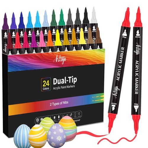 Artugn 24 Colors Acrylic Paint Pens, Dual Tip Pens With Fine Tip and Brush Tip for Rock Painting, Ceramic, Wood, Plastic, Calligraphy, Scrapbooking, Card Making, DIY Crafts-Easter Basket Stuffers