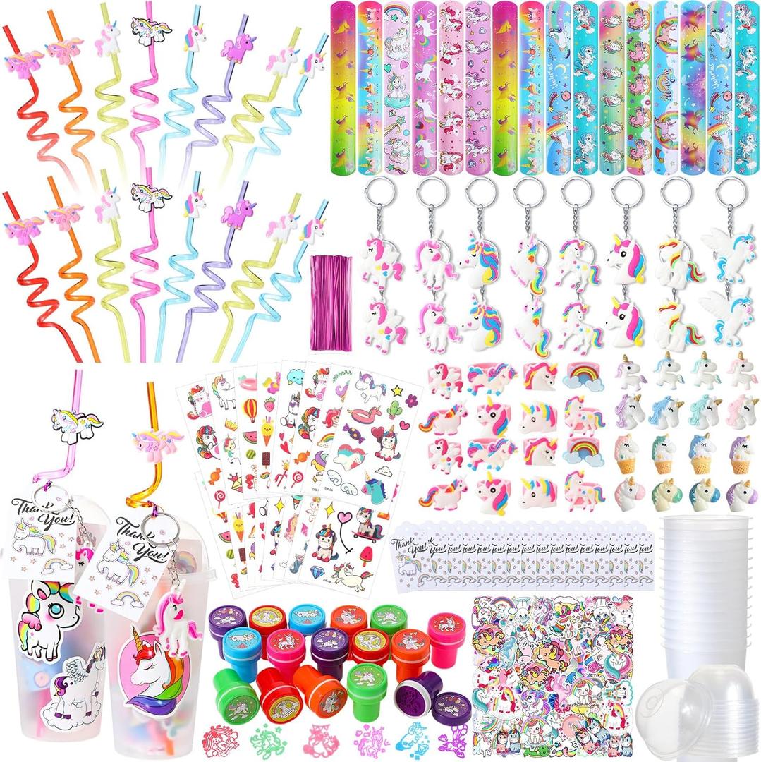 Qilery 195 Pcs Unicorn Party Favors Bags Birthday Includes Plastic Cup with Lid Straw Keychain Bracelet Ring Stamper Stickers Tag for Party Favors Piata Filling