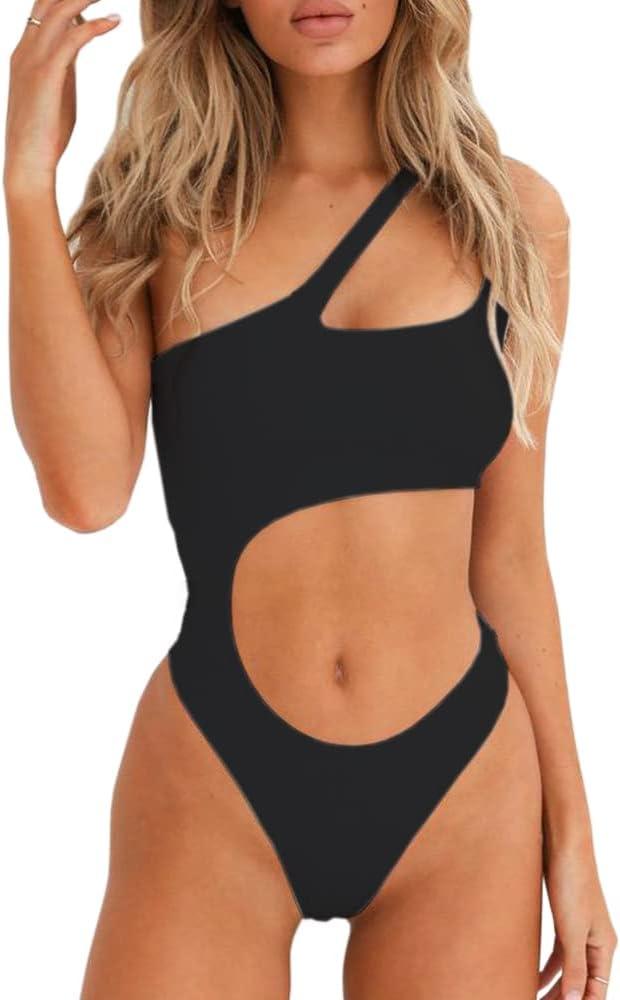SherryDC Women's Sexy Cutout One Shoulder High Cut Cheeky One Piece Swimsuit Bathing Suit (Black) S