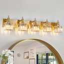 HUOKU Gold Bathroom Vanity Lights, 5 Lights Crystal Bathroom Lighting Fixtures Over Mirror Modern Gold Crystal Wall Light