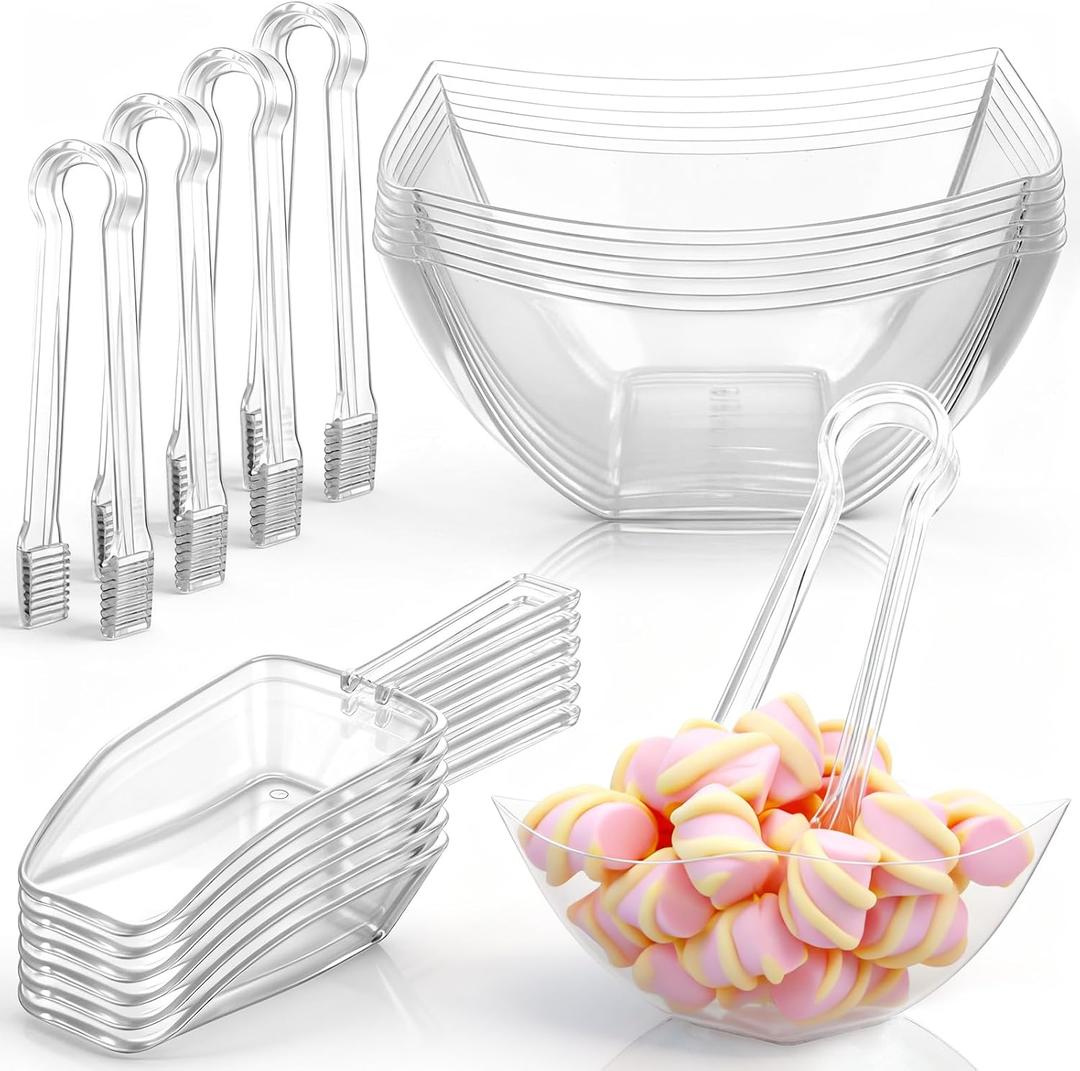 FoldTier 8oz 6 Clear Plastic Candy Bowls, 4 Scoops and 4 Tongs Set Square Disposable Plastic Buffet Containers for Chip, Snacks Popcorn Candy Bar Birthday Party Supplies