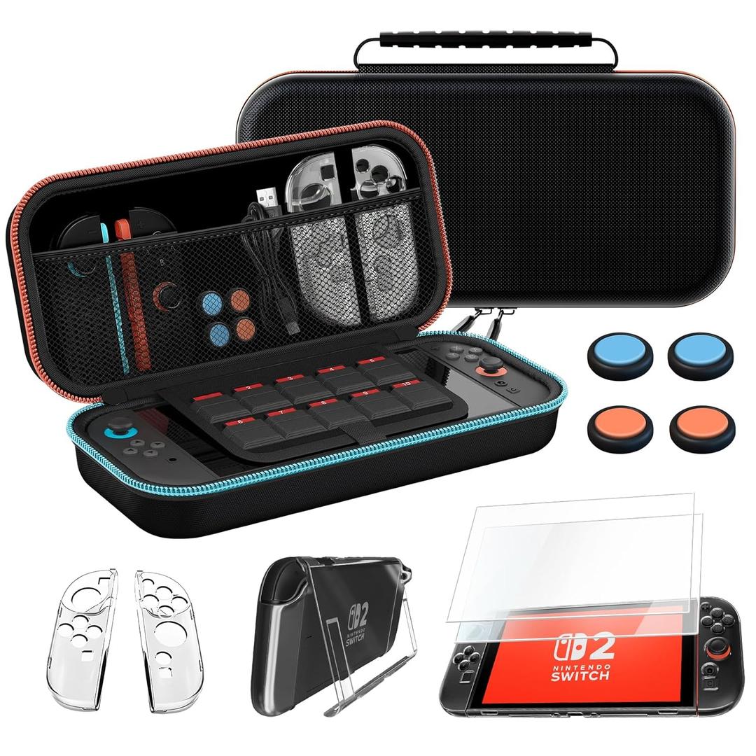 JCMO Carrying Case for Nintendo Switch 2 (2025) 10 in 1, Protective Hard Shell Portable Switch Travel with 2 Tempered Film, 2 Joycon Tpu Protective, 4 Rocker Cap and a Crystal Case