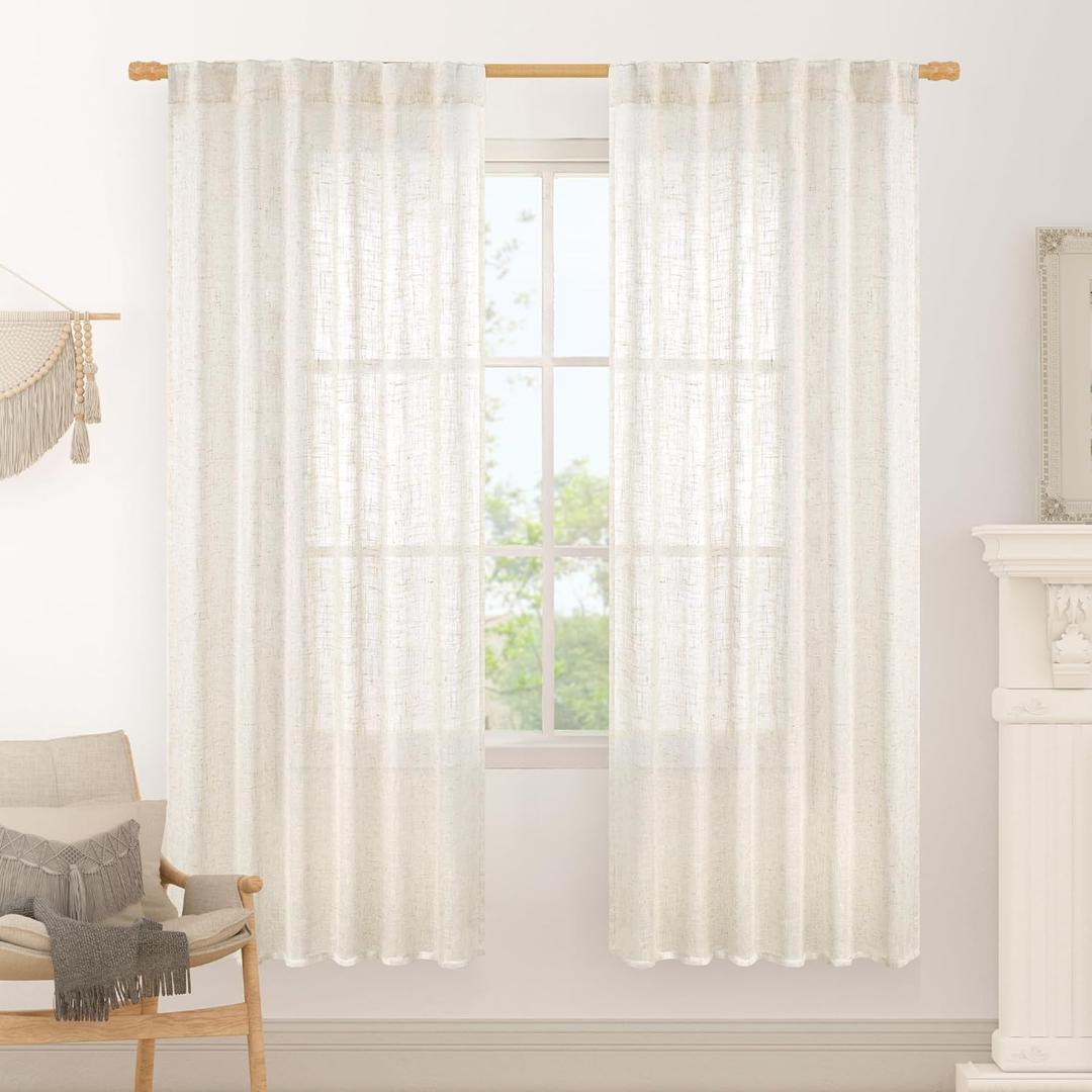 LAMIT Cream Linen Boho Curtains, 78 inch Length, 2 Panels, Light Filtering Semi Sheer, Back Tab and Rod Pocket, Neutral Panels for Bedroom/Living Room, 52 x 78 Inch