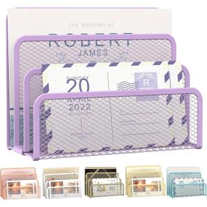 SUPEASY Mail Organizer for Desk, Mesh Metal Mail Holder Countertop with 3-Slot, Letter Sorter File Holder, Office Envelope Organizer for Mails (Purple)