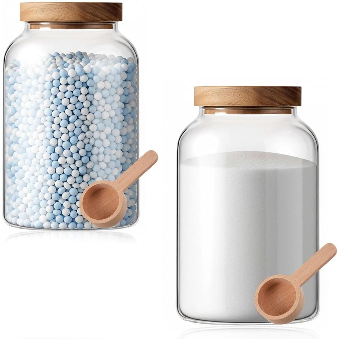 2 Pcs Half Gallon Glass Laundry Storage Containers Jars Set with Acacia Lid 2 Spoon for Detergent Powder Scent Beads Bath Bombs Salt