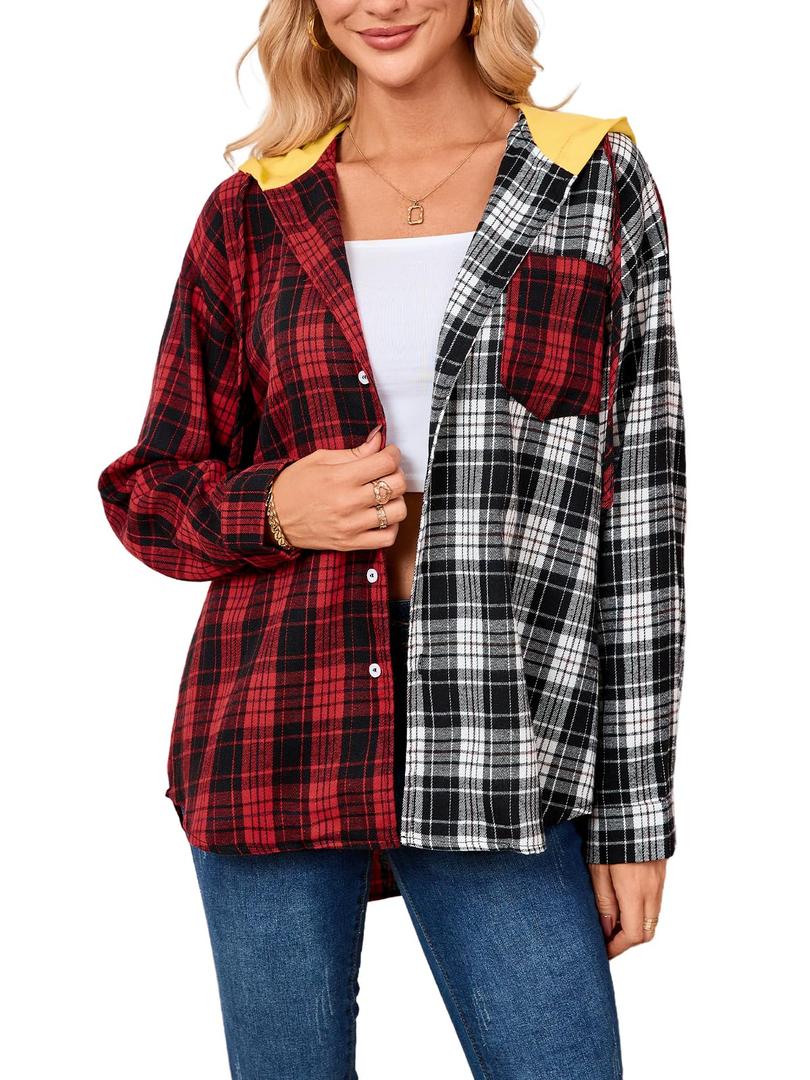Womens Button Down Shirt Plus Size Blouse Shirts Tartan Plaid Color Block Casual Oversized Boyfriend Hooded Outwear Red (S)