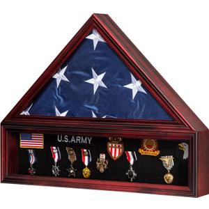 Large Military Shadow Box Solid Wood Burial Flag Display Case for American Veteran Flag Display Fit a Folded 5'x9.5' Flag Military Flag Display Case, Mahogany Finish