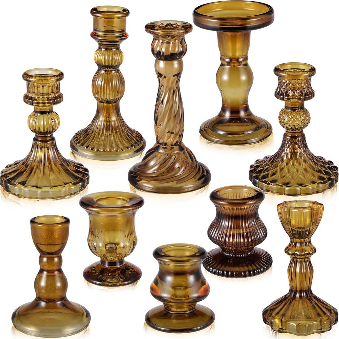 Mumufy 10 Pcs Glass Crystal Taper Candle Holders Clear Glass Candlestick Holder Fit 0.8 Inch Candles Crystal Decorative Candle Stand Centerpiece Table Wedding Dining Party (Classic,Brown)