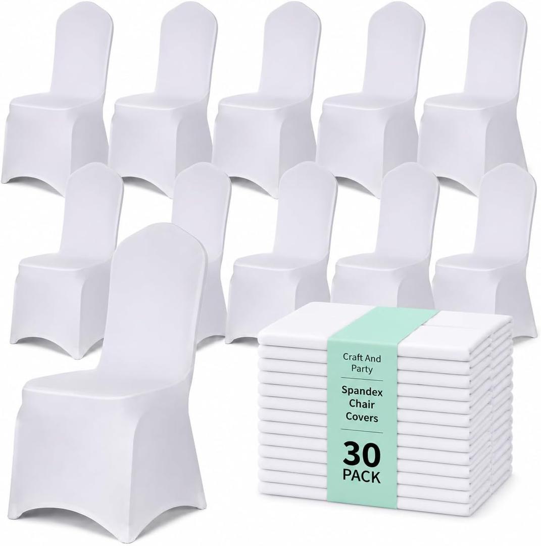 30 Pack White Spandex Chair Covers – Stretch Polyester Slipcovers for Wedding, Banquet, Party & Dining Chairs – Flat Front Design, Universal Fit