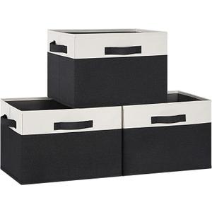 GhvyenntteS Large Storage Baskets for Shelves Pack of 3, Collapsible Fabric Storage Bins with 3 Handles, Decorative Closet Organizers and Storage bins for Clothes Blanket Beddings (Black, 15"x11"x9.6")