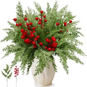 40 Pcs 12" Christmas Artificial Pine Branches, Faux Evergreen Cypress with Red Berry Stems, Greenery Fake Pine Needle Picks Flowers for Xmas Decor Vase Table DIY Craft Home Holiday Decorations