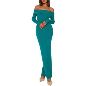 PRETTYGARDEN Womens Fall Sweater Dress 2026 Long Sleeve Off Shoulder Slit Maxi Bodycon Cocktail Party Dresses Spring Fashion (L)
