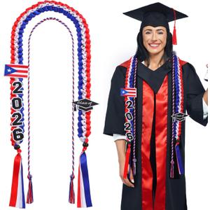 National Flag Graduation Leis Stole Class of 2026 Puerto Rico Flag Money Graduation Leis Sash 2026 Braided Ribbon Collares Honor Cords Necklace Gifts for International Students