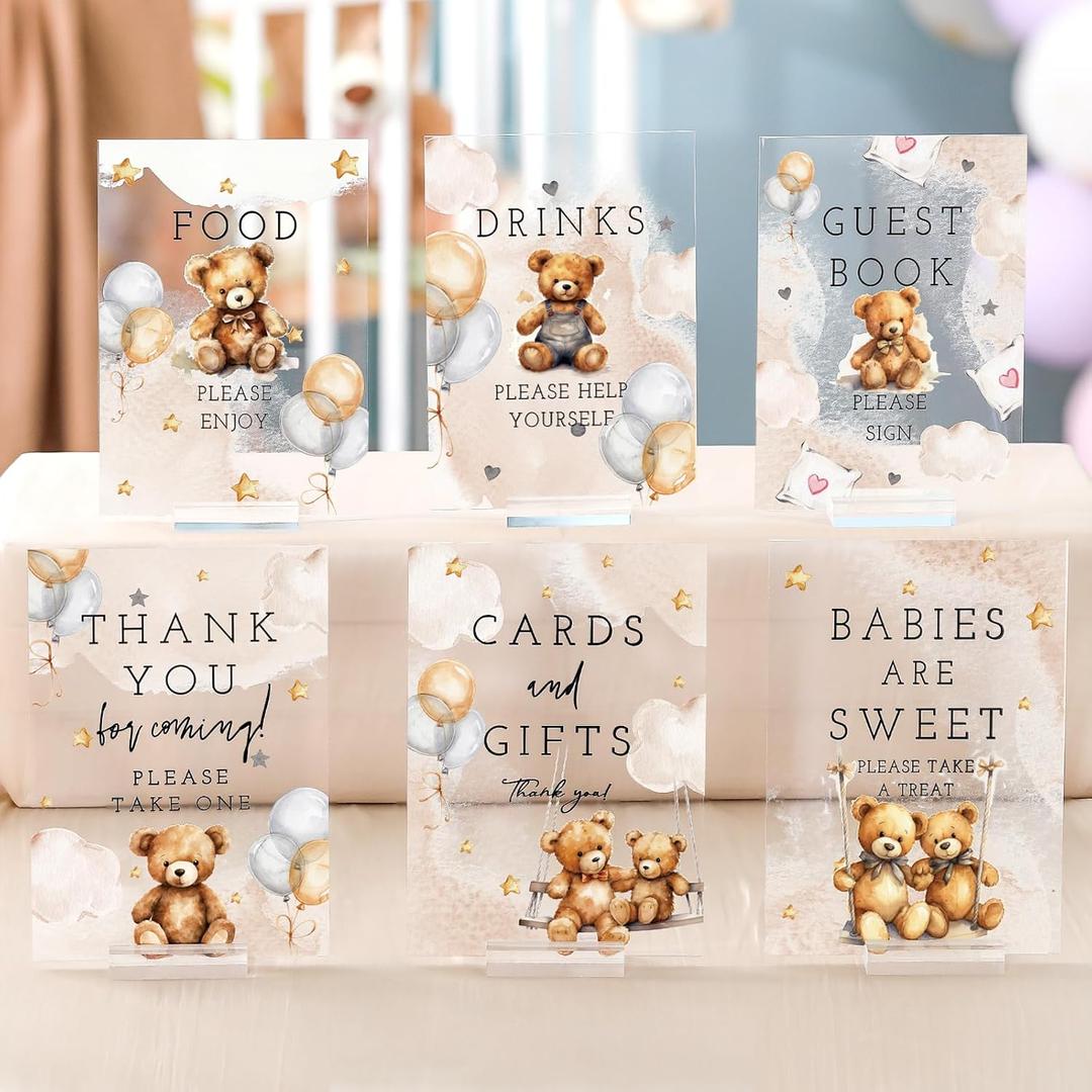 Vercraft 6 Pcs Bear Baby Shower Table Decorations Take One Sign Thank You Acrylic Sign Centerpieces with Stand 5 x 7" Floral Birthday Party Decorations