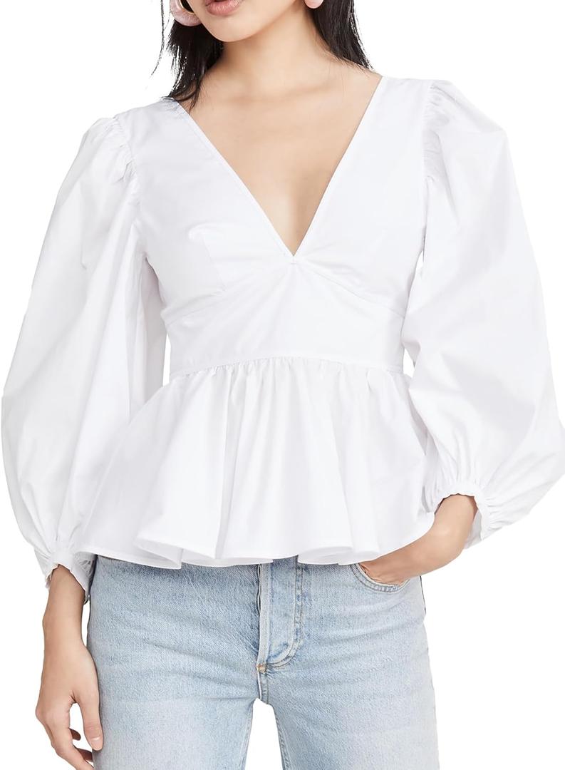 SUNNOW Women's Elegant Blouse Shirt with Plunging Double V-Neckline & Back Ties Puff Long Sleeves with Button Cuffs (White, L)