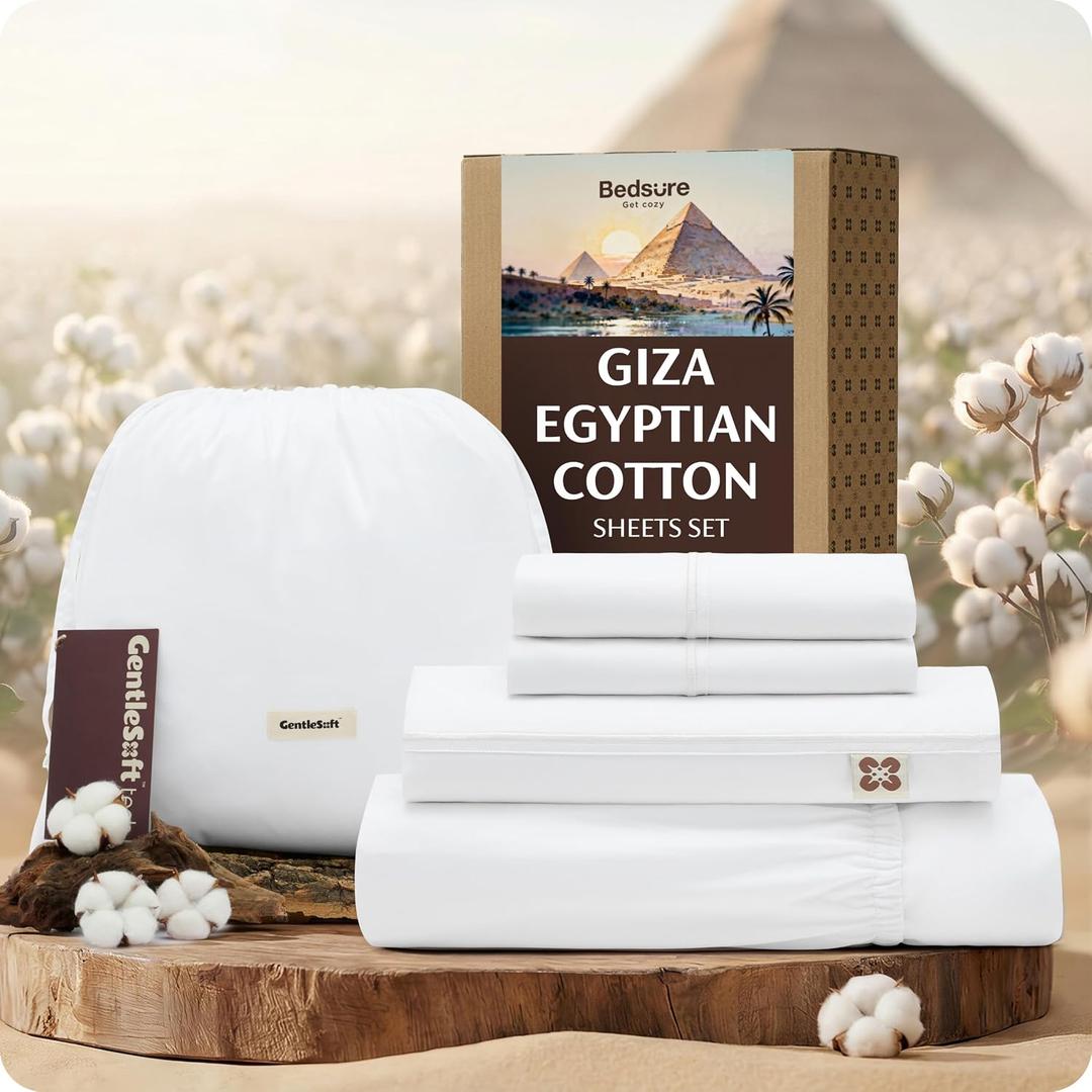 Bedsure PureWoven 100% Giza Egyptian Cotton Queen Sheet, CEA & BV Certified
18" Deep Pocket Sateen Sheets with Corner Straps, Durable & All-Season Breathable, Hotel Luxury, Oeko-Tex, Giftable, White