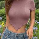 SweatyRocks Women's Mock Neck Short Sleeve Crop Tops Waffle Knit Asymmetric Fitted Tee Shirts (Purple, S)