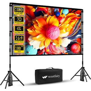Projector Screen with Stand, Wootfairy 100 inch Foldable and Portable Projection Screen 16:9 4K HD Rear Front Wrinkle-Free Movie Screen with Carry Bag for Indoor Outdoor Home Theater Backyard Cinema