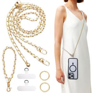 Universal Crossbody Phone Strap, Metal Cell Phone Chain Leather Anti-Theft Crossbody Lanyard (Gold & white)