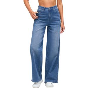 GRAPENT Wide Leg Jeans for Women Trendy High Waisted Stretchy Denim Pants 90s Baggy Jeans Trouser Jeans with Pockets (Medium, Fresh Bright Blue)
