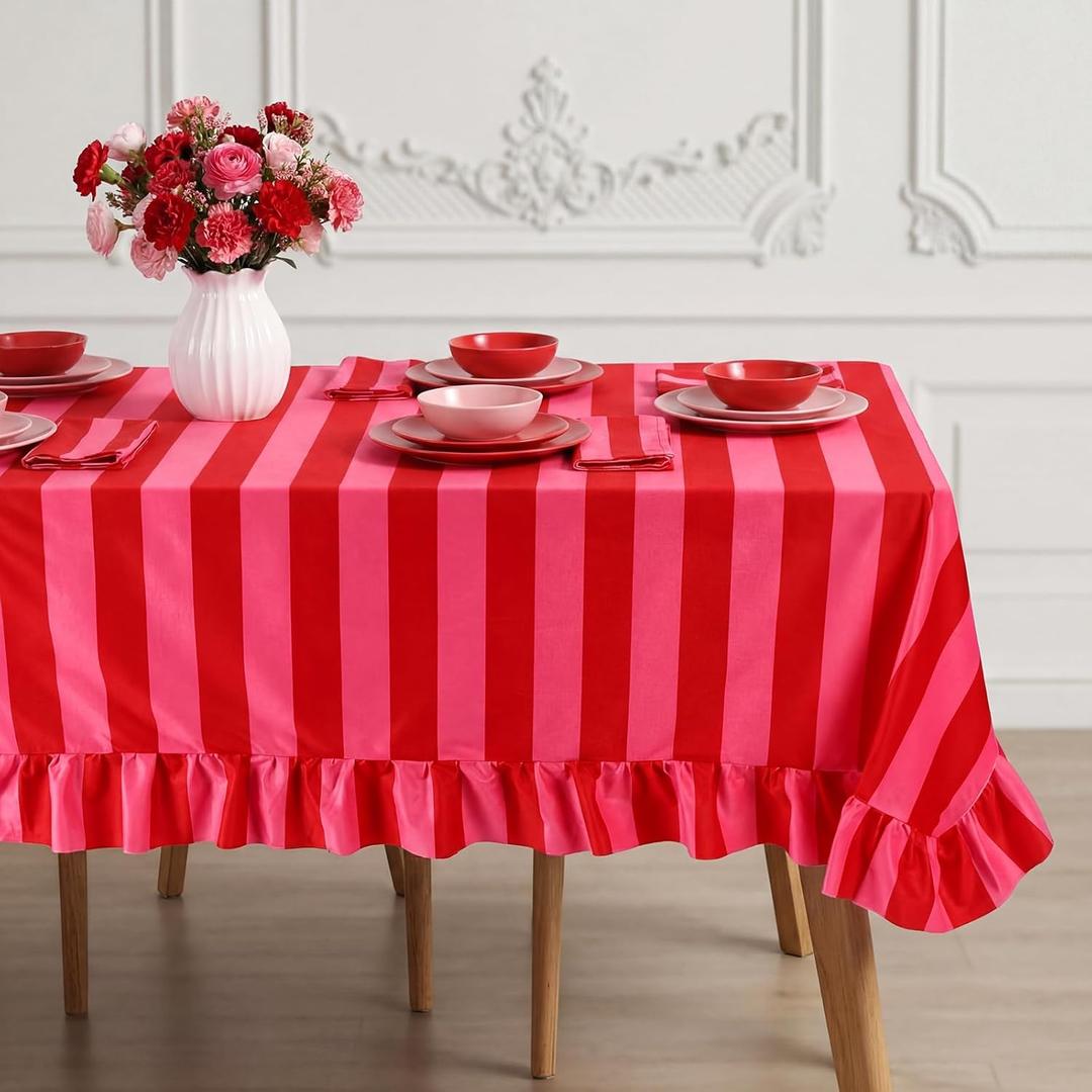 Moukeren Rectangle Ruffle Tablecloth Velvet Pink Red Striped Table Cloth Boho Decorative Table Cover for Home Baby Shower Wedding Birthday Party Decoration, 55 x 70 Inches