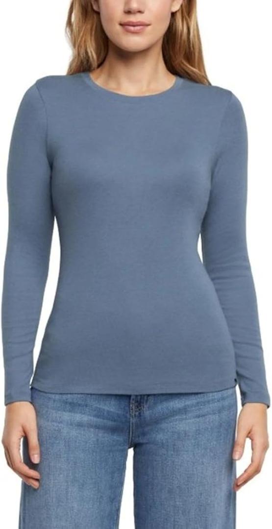 Eddie Bauer Womens Long Sleeve Clasic Fit Cotton Blend Crewneck Tee Top (Blue, Medium)