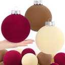 15 Pcs(3.9 In/100 mm) Velvet Christmas Ornaments Balls Set, Brown Red Neutral Christmas Tree Ornaments, Flocked Xmas Tree Balls for Xmas Holiday Party Decorations