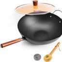WANGYUANJI 14.2" Extra Large Carbon Steel Wok with Lid, Nitrided Rust-Resistant Stir Fry Pan, Uncoated Flat Bottom Chinese Wok for Induction and Gas Stoves, Heavy Duty (5.7 Qt)