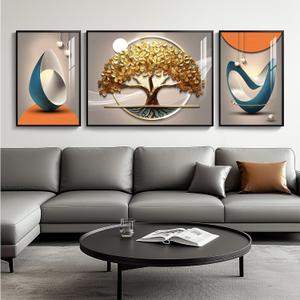 Cuspin Modern Luxury Large Wall Art Set of 3 Bright Style Abstract Paintings, Glossy Art Prints for Living Room, Hallway, Dining Room, Office (Golden Tree - Large)