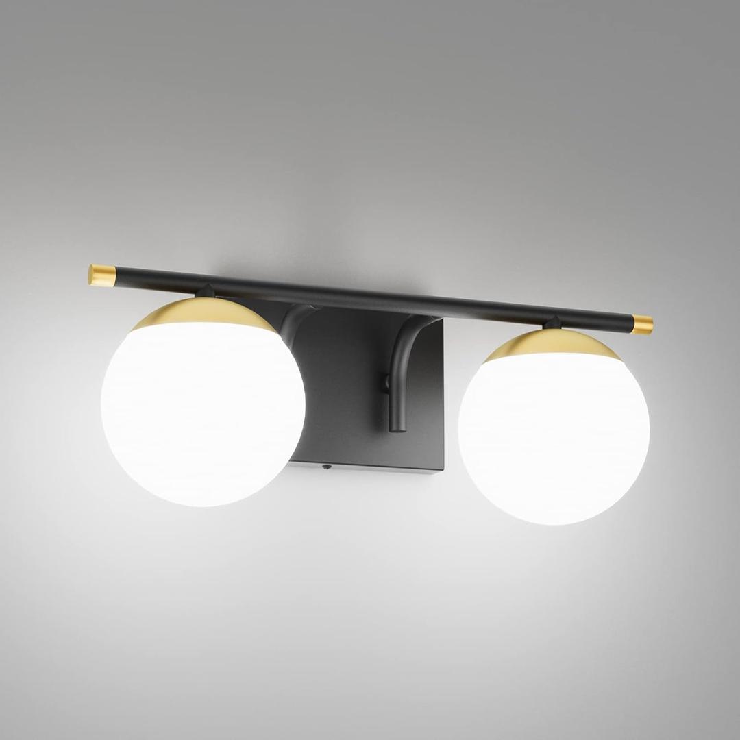 Ralbay Black and Gold Bathroom Vanity Light 2-Light Mid Century Modern Vanity Light Fixtures Black Milky Glass Globe Wall Light for Bathroom