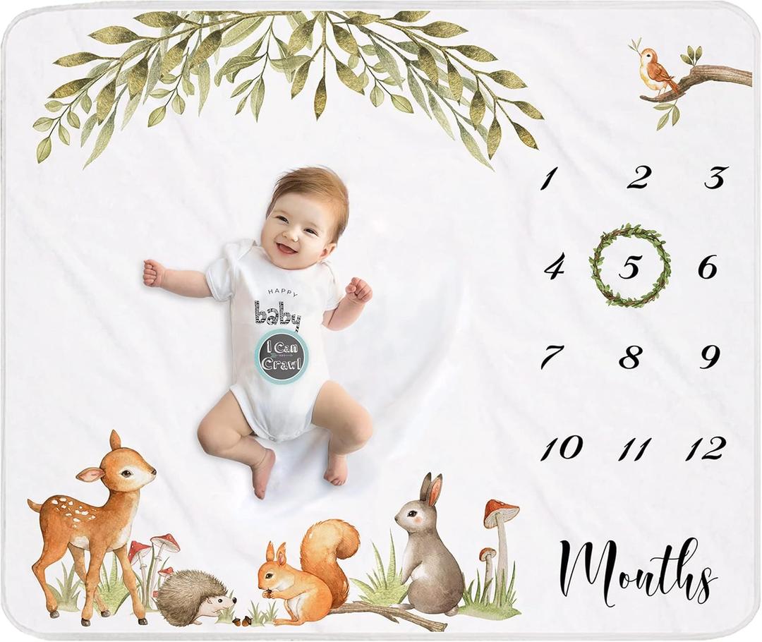 Woodland Baby Monthly Milestone Blanket, Unisex, Gift for Baby Shower, Photo Blanket for Newborn, Wreath & 12 Stickers Included, Soft Flannel Blanket 45''x40''