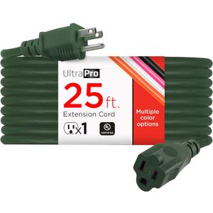 UltraPro Outdoor Extension Cord - 25 Ft, Heavy Duty, UL Certified 3 Prong, 16 AWG 120 VAC, Multipurpose Long Cord, 1 Pack, Green