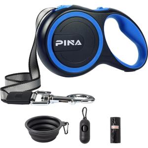 PINA Retractable Dog Leash, 26ft Dog Leash for Small Medium Large Dogs Up to 110lbs, 360 Tangle-Free Strong Reflective Nylon Tape, with Anti-Slip Handle, One-Handed Brake, Lock - Black Blue