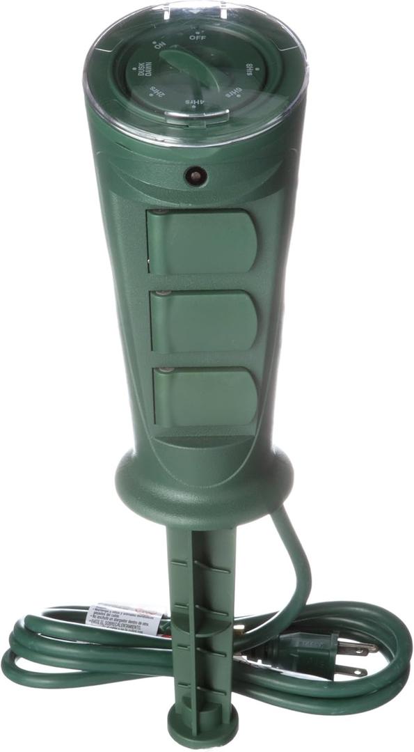 Woods 17321 17321WD Outdoor Plug-in Yard Stake Timer with Photocell; Dusk-To-Dawn; 3-Outlet; Green