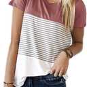 Womens Crew Neck Short Sleeve Tees Color Block Striped T-Shirt Casual Loose Fashion Tee Tops (S)
