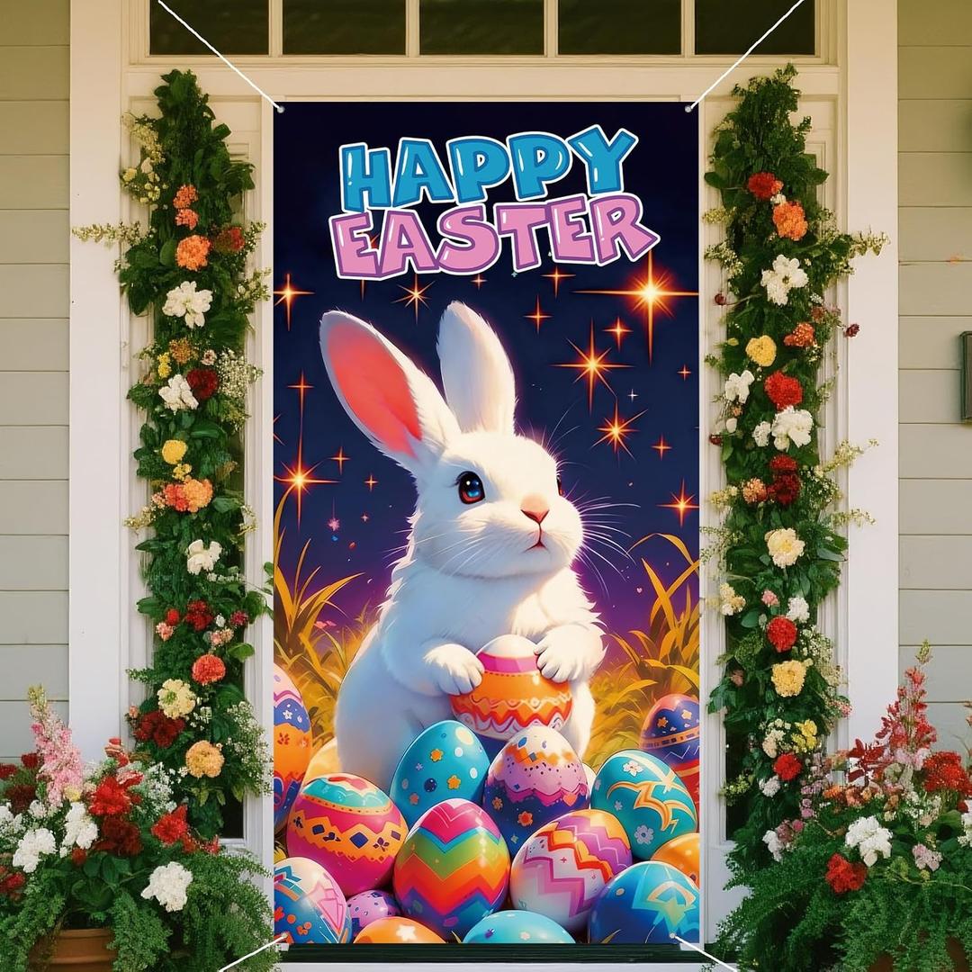 Easter Door Cover,Easter Door Decorations Bunny Egg Rabbit Hanging Banner Decor Farmhouse Holiday Decor Spring Party Decoration for Front Wall Backdrop Indoor Outdoor 71 x 35 Inch (Starry Sky Blue)