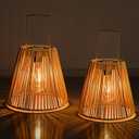 Solar Lanterns Outdoor Waterproof 2 Pack Faux Rattan Hanging Lights | Faux rattan shades, warm LED glow, auto on/off, tabletop or hanging display, metal handles, patio porch and yard decor