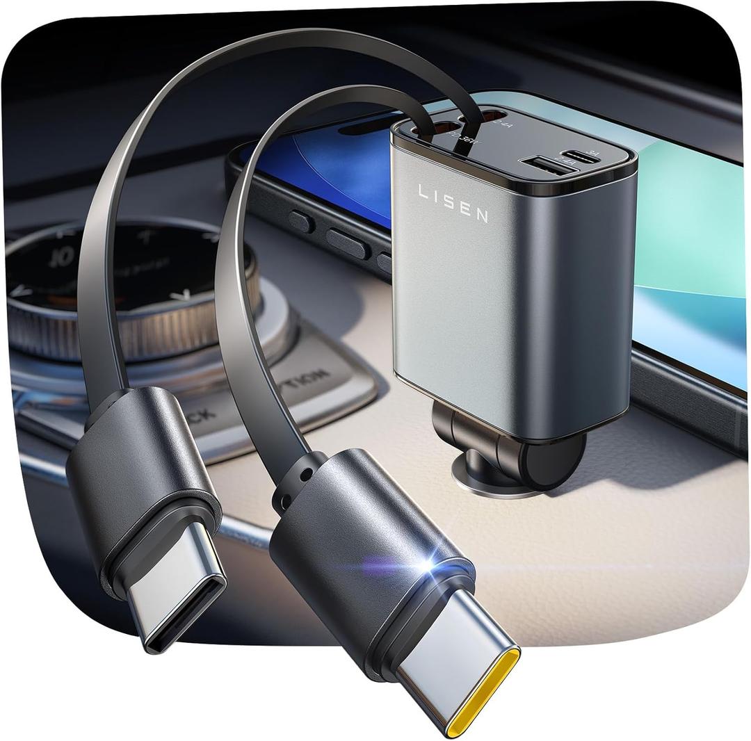 LISEN for iPhone 16 Car Charger Fast Charging 69W Retractable Car Charger with Dual Type C Cables USB C Car Charger Adapter for 17 iPhone 15 Pro Max, Samsung Galaxy S25, iPad Air, Google Pixel 10 Pro