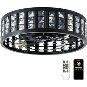 Fandelier Ceiling Fan With Light,20" Caged Ceiling Fan With Light,6 Speed Fandeliers With Lights And Remote,Crystal Fandelier Chandelier Ceiling Fans With Lights For Bedroom,Kitchen (Black)