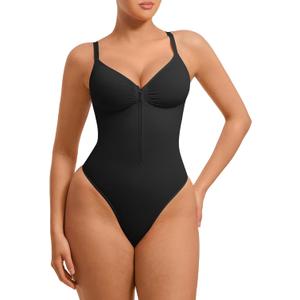 FeelinGirl Shapewear Bodysuits Tummy Control for Women: Seamless Zip-Up Thong Snatched Waist Body Suit V Neck Body Shaper Black XX-Large